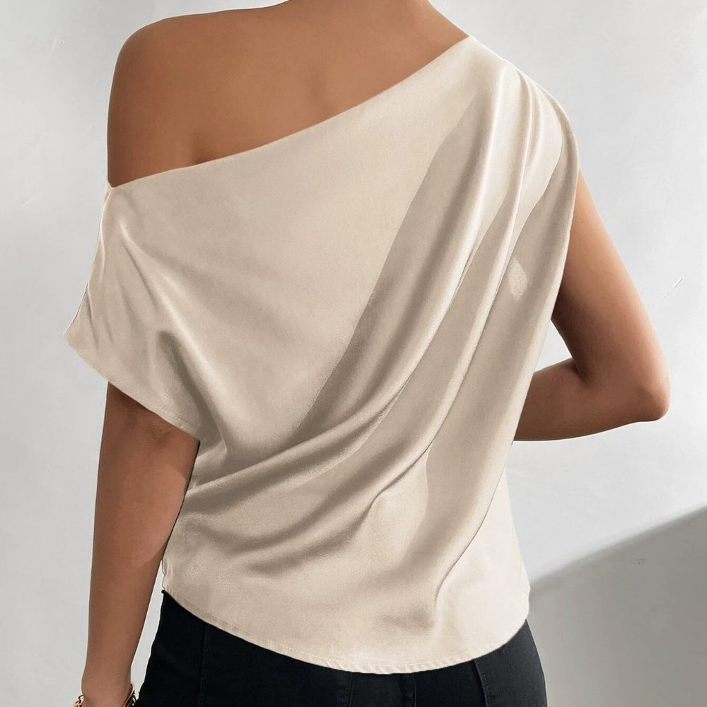Khaki Boho Womens Asymmetrical Neck Ruched Shoulder Blouse - Picture 2 of 5